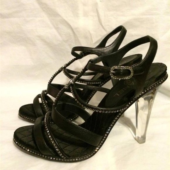 CHANEL 14C Leather Crystal Jewel CC Strappy Sandal Lucite PVC Heel Shoes - Picture 9 of 12